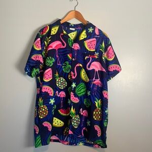King Kameha Flamingo and Fruit Short Sleeve Button Up Shirt. Mens Large.